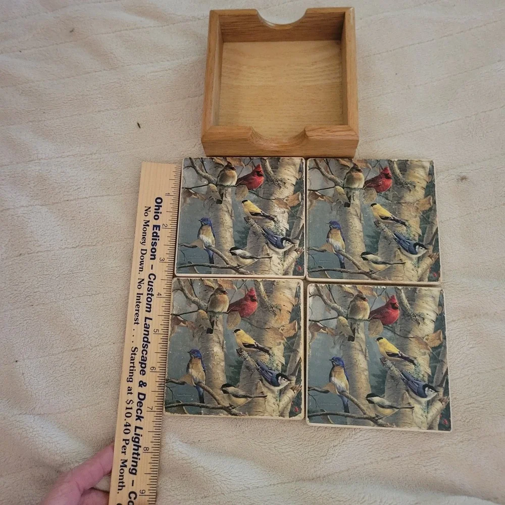 Bird Coasters Set of 4 Cork Back Cardinal Finch Birch Trees‎ Wood Holder 4x4